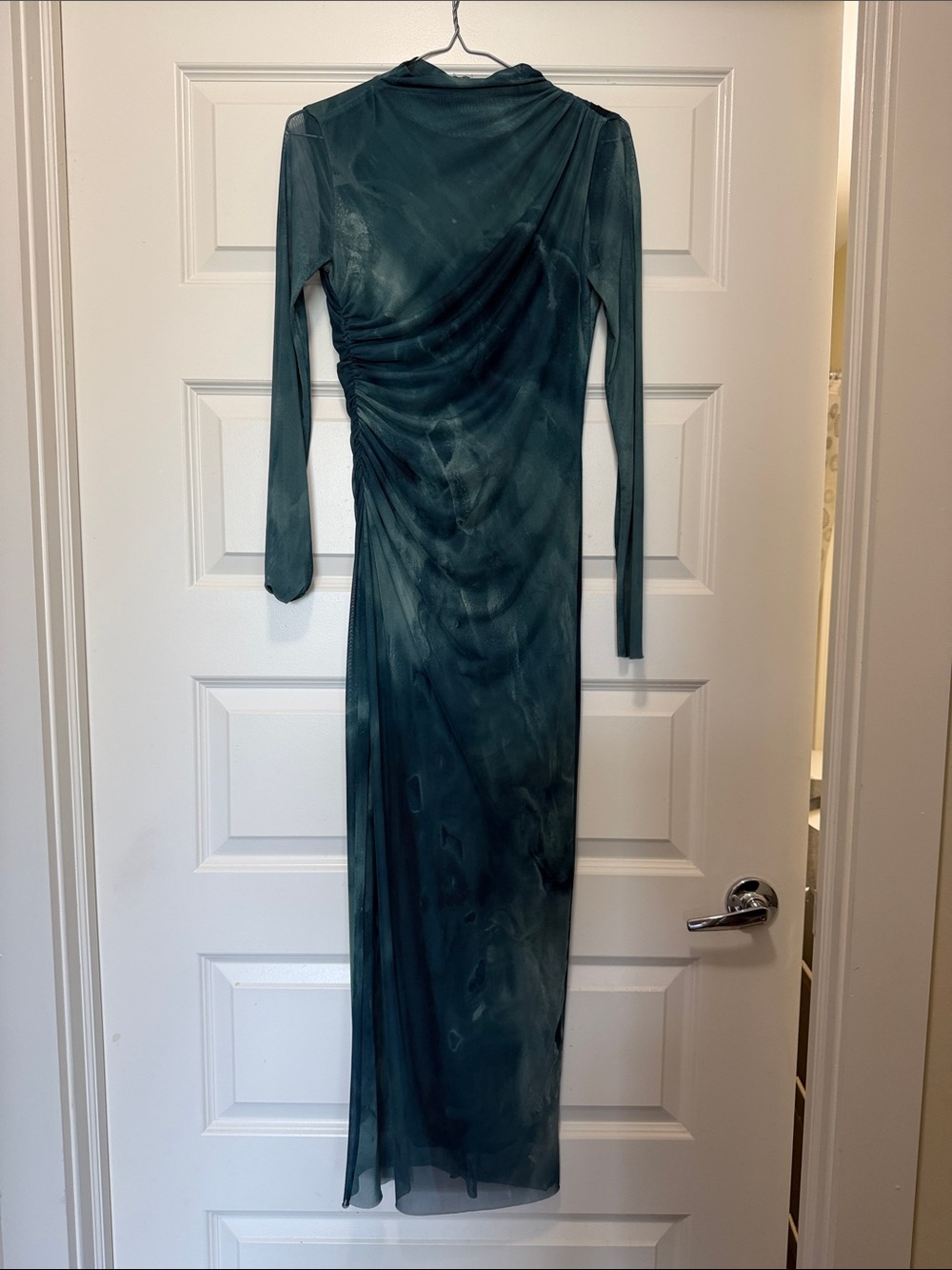 Zara Dark Teal Long-Sleeve Ruched Maxi Dress